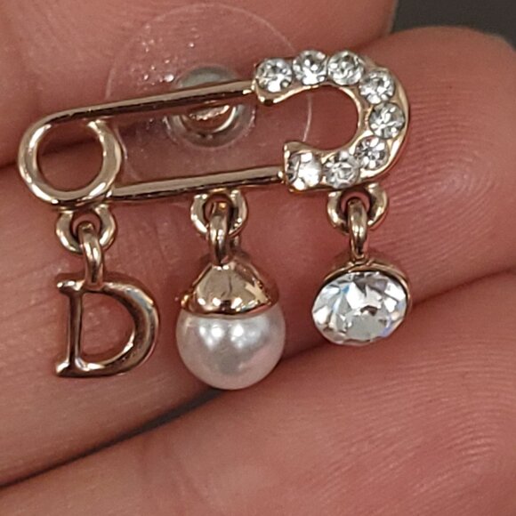 Gold Tone Safety Pin Stud Earrings with Crystal & Faux Pearl - Picture 1 of 11